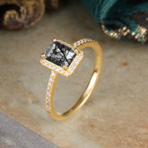 1 Carat Emerald Cut Classic Halo Black Rutilated Quartz Wedding Ring with Pave Band